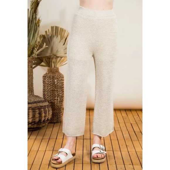 CLEARANCE Oatmeal Woven Knit High Waist Wide Leg Lounge Pant - Picture 3 of 7